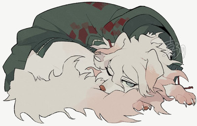 claws clothing curled_fur curled_up curly_hair feral feralized floppy_ears fur gloves_(marking) green_clothing green_hoodie green_jacket green_topwear grey_eyes hair highlights_(coloring) hoodie jacket looking_at_viewer lying male markings pawpads pink_highlights red_nose red_pawpads resting_on_tail simple_background solo topwear white_background white_body white_claws white_fur zipper kiirono danganronpa danganronpa_2 spike_chunsoft nagito_komaeda canid canine canis domestic_dog mammal 2026 shaded simple_shading watermark