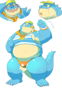 belly blue_body blush clothed clothing fat_upper_pubic_area flexing hat headgear headwear male overweight overweight_male scar shirt slightly_chubby solo speedo swimwear tank_top thick_thighs topwear visor_cap whistle_(object) lifewonders tokyo_afterschool_summoners makara_(tas) crocodile crocodilian reptile scalie hi_res
