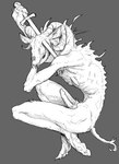 anthro bone erection feet genitals holding_object holding_weapon male melee_weapon nude penis simple_background skinny skull slim solo sword tail toes weapon white_background scuotivento bovid caprine demon goat mammal digital_media_(artwork) hi_res monochrome