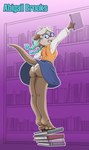 anthro barefoot biped black_nose blue_eyes blush blush_lines book bottomwear breasts brown_body brown_markings butt clothed clothing collared_shirt countershade_face countershading dress_shirt eyewear facial_markings feet female forehead_markings glasses head_markings holding_book holding_object inside library looking_down markings off_balance open_mouth panties pawpads pigtails round_glasses scared shirt skirt small_breasts solo standing tan_body tan_countershading teeth text tiptoes tongue topwear underwear upskirt vest wearing_glasses white_clothing white_panties white_underwear young young_anthro young_female risingdragon mammal mustelid otter sea_otter 2025 character_name hi_res