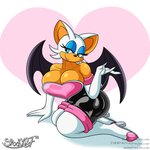 anthro big_breasts breasts cleavage clothed clothing eyeliner female green_eyes half-closed_eyes heart_symbol huge_breasts kneeling makeup membrane_(anatomy) membranous_wings narrowed_eyes simple_background smile solo text thick_thighs white_background wide_hips wings spocky87 sega sonic_the_hedgehog_(series) rouge_the_bat bat mammal 1:1 absurd_res hi_res url