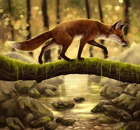 ambiguous_gender black_body black_fur creek day dipstick_tail feral fur inner_ear_fluff log markings moss multicolored_tail orange_body orange_fur outside plant rock smile solo tail tail_markings tuft walking whiskers white_body white_fur white_tail_tip wood kanizo canid canine fox mammal red_fox true_fox