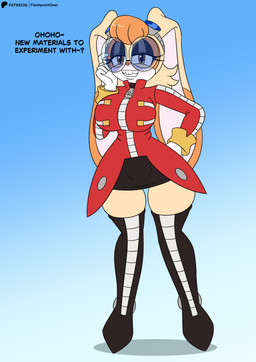 anthro big_breasts black_boots black_bottomwear black_clothing black_footwear black_skirt boots bottomwear breasts brown_nose buckteeth clothing coat cosplay countershading ears_back ears_down eyewear female footwear fur glasses gloves goggles grin hair handwear legwear looking_at_viewer multicolored_ears orange_ears orange_hair pink_inner_ear pivoted_ears red_clothing red_coat red_topwear round_glasses shoes skirt smile talking_to_viewer tan_body tan_ears tan_fur teeth teeth_showing text thick_thighs thigh_boots thigh_gap thigh_highs topwear two_tone_ears white_body white_clothing white_countershading white_fur white_gloves white_handwear flashpointgear sega sonic_the_hedgehog_(series) dr._eggman vanilla_the_rabbit lagomorph leporid mammal rabbit absurd_res english_text hi_res