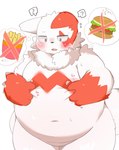 ambiguous_gender anthro belly belly_grab belly_pinch belly_squish big_belly blush bodily_fluids burger food fries fupa fur markings navel overweight overweight_ambiguous overweight_anthro question_mark red_markings solo speech_bubble squish sweat thick_thighs thought_bubble weight_conscious white_body white_fur rokacake nintendo pokemon generation_3_pokemon pokemon_(species) zangoose hi_res unavailable_at_source