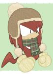 anthro black_eyes blush border clothing fur green_background handwear male mittens red_body red_fur scarf simple_background solo white_border winter_clothing sikai sega sonic_the_hedgehog_(series) knuckles_the_echidna echidna mammal monotreme