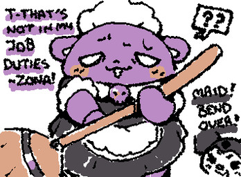 ambiguous_anthro ambiguous_form ambiguous_gender anthro black_clothing black_dress black_eyes black_text blush broom chibi cleaning_tool clothed clothed_ambiguous clothed_anthro clothing dialogue dress duo empty_eyes exclamation_point eyebrows eyelashes featureless_hands holding_broom holding_cleaning_tool holding_object looking_at_viewer maid_headdress maid_uniform multicolored_clothing multicolored_dress open_mouth orange_blush pivoted_ears purple_body purple_ears question_mark simple_background simple_eyes skull_symbol solo_focus speech_bubble squigglevision standing stuttering talking_to_another text two_tone_clothing two_tone_dress uniform white_background white_clothing white_dress white_eyes white_headdress white_inner_ear white_speech_bubble ligma_(artist) onegai_my_melody sanrio baku_(sanrio) kuromi demon lagomorph leporid mammal rabbit tapir 2025 animated digital_media_(artwork) english_text flat_colors low_res wigglypaint_(artwork) female_(lore) male_(lore)