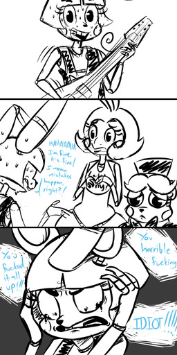 anthro beak bib bodily_fluids bow_(feature) bow_tie buckteeth clothing dialogue electric_guitar female group guitar hat headgear headwear holding_object machine male musical_instrument playing_guitar playing_music plucked_string_instrument profanity string_instrument sweat sweatdrop tears teeth text top_hat inkyfrog five_nights_at_freddy's five_nights_at_freddy's_2 scottgames toy_bonnie_(fnaf) toy_chica_(fnaf) toy_freddy_(fnaf) animatronic avian bear bird chicken galliform lagomorph leporid mammal phasianid rabbit robot 2015 comic english_text hi_res