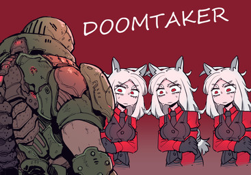 armband armor belt bodily_fluids breasts clothed clothing female gloves group hair hand_on_arm handwear long_hair looking_at_another male necktie red_background red_eyes shirt simple_background suit sweat text topwear vest white_body white_hair white_skin karasu_chan doom_(series) helltaker id_software microsoft cerberus_(helltaker) doom_slayer animal_humanoid canid canid_humanoid canine canine_humanoid demon demon_humanoid dog_humanoid human humanoid mammal mammal_humanoid crossover english_text hi_res