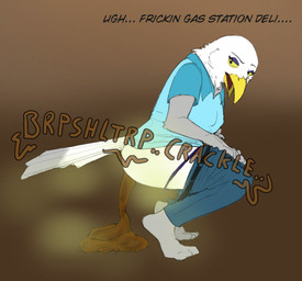 anthro beak blue_clothing blue_shirt blue_topwear bottomwear bottomwear_down brown_background butt clothed clothing crouching dipstick_tail dipstick_tail_feathers ellipsis feathers feces feces_on_ground feces_pile female female_anthro female_pooping grey_body grey_feathers grey_tail_tip looking_back markings narrowed_eyes open_beak open_mouth pants pants_down partially_clothed partially_clothed_anthro partially_clothed_female pooping pooping_on_floor scatplay shirt simple_background solo sound_effects tail tail_feathers tail_markings text topwear white_body white_feathers yellow_eyes budsbutts jadeder avian bird gull lari larid artist_collaboration english_text