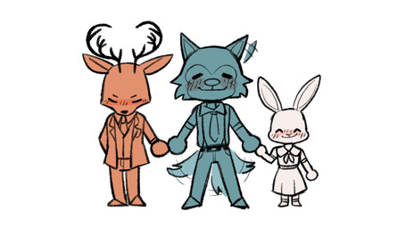anthro antlers blue_body blush bottomwear chibi clothed clothing coat collared_shirt dress_shirt ear_twitch female footwear group hand_holding happy horn male necktie pants red_body shirt shoes simple_background skirt smile standing suspenders tail tail_motion tailwag topwear vest white_background white_body sh00bs beastars haru_(beastars) legoshi_(beastars) louis_(beastars) canid canine canis cervine deer domestic_rabbit dwarf_rabbit lagomorph leporid mammal netherland_dwarf_rabbit oryctolagus rabbit red_deer wolf 16:9 2020 hi_res widescreen