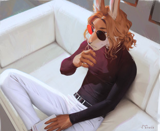 5_fingers anthro biped bottomwear claws clothed clothed_anthro clothed_male clothing eyewear fingers front_view fully_clothed fully_clothed_anthro fully_clothed_male furniture glasses hair inner_ear_fluff inside male pants shirt sitting smile sofa solo teeth topwear tuft eruca lagomorph leporid mammal rabbit 2026 digital_drawing_(artwork) digital_media_(artwork)