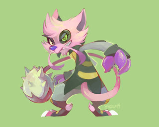 angry anthro cheek_tuft chin_tuft clenched_teeth clubbed_tail cybernetic_eye cybernetics digitigrade facial_hair facial_tuft frown fur green_background head_tuft looking_at_viewer looking_back looking_back_at_viewer machine male mustache pink_body pink_fur purple_nose simple_background snout solo spiral spiral_pupils standing tail teeth tuft weapon_tail darmp species_request 2014 5:4 digital_media_(artwork) digital_painting_(artwork) full-length_portrait painting_(artwork) portrait shaded