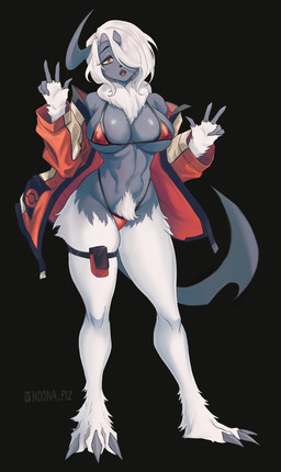 3_claws anthro big_breasts bikini black_background breasts chest_tuft claws clothed clothing curvy_figure female fur gesture half-closed_eyes hand_gesture horn jacket legband micro_bikini narrowed_eyes one_eye_obstructed open_clothing open_jacket open_topwear pube_peek pubes simple_background skindentation solo standing swimwear thighband tongue topwear tuft two-piece_swimsuit v_sign noona_plz nintendo pokemon absol generation_3_pokemon pokemon_(species) hi_res