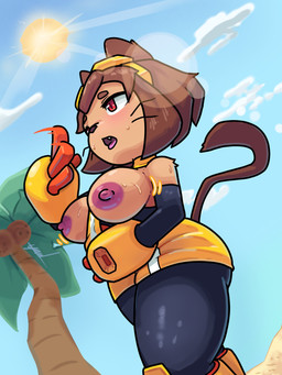 anthro areola armwear big_breasts black_armwear black_bodysuit black_clothing black_skinsuit blush bodily_fluids bodysuit breasts brown_hair brown_nose clothing cloud dress eyewear eyewear_on_head female front_view goggles goggles_on_head hair nipples open_mouth palm_tree pink_areola pink_nipples plant short_hair skinsuit sky snaggle_tooth solo sun sweat thick_thighs tight_clothing tongue tongue_out tree whiskers wide_hips yellow_clothing yellow_dress yawlyawl090 gameoverse glitch_productions kit_bodega domestic_cat felid feline felis mammal 3:4 absurd_res hi_res