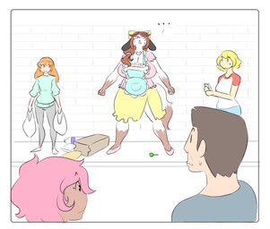 accessory ambiguous_gender anthro apron big_breasts biped blush blush_stickers border bottomwear bow_ribbon breasts brown_hair candy centered_hair_bow cleavage clothed clothed_anthro clothed_female clothed_human clothing constricted_pupils dessert ellipsis emanata female food footwear frilly frilly_clothing gloves_(marking) group hair hair_accessory hair_bow hair_ribbon huge_breasts leg_markings lollipop looking_at_another markings open_mouth pink_clothing pink_footwear pink_shoes pink_topwear pupils ribbons shoes shopping_bag skirt small_pupils socks_(marking) tail topwear white_border yellow_bottomwear yellow_clothing yellow_hair_bow yellow_skirt theycallhimcake holly_applebee canid canine canis domestic_dog human mammal 2016 digital_drawing_(artwork) digital_media_(artwork) english_description