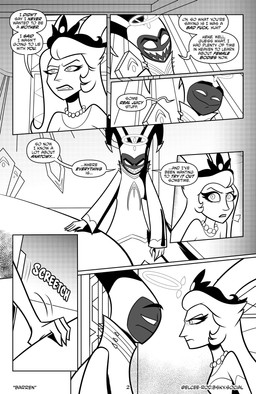 approaching art_deco_architecture clothed clothing cocky_smile crown dialogue female fully_clothed furniture glare glaring_at_another government_building headgear horn inside interior_background male profanity text tiara elcee_rod hazbin_hotel hellaverse adam_(hazbin_hotel) lilith_magne_(hazbin_hotel) angel demon demon_humanoid horned_humanoid humanoid comic english_text hi_res monochrome