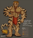 abs anthro athletic beard biceps big_bulge biped black_body black_fur blonde_hair brown_body brown_fur bulge claws clothed clothing detailed_bulge ear_piercing facial_hair flexing fur genital_outline hair looking_at_viewer male markings muscular muscular_anthro muscular_male nipples pecs penis_outline piercing pose red_eyes simple_background solo speedo standing stripes swimwear tail tail_tuft tattoo text toe_claws topless tuft vein yellow_body zeusralo zeusralo_(character) felid lion mammal pantherine tiger english_text hi_res model_sheet