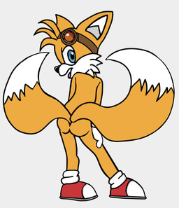 anthro black_nose blue_eyes butt clothed clothing eyewear footwear fur gloves goggles handwear leaning looking_at_viewer looking_back looking_back_at_viewer male nude partially_clothed shoes smile solo standing tail white_body white_fur yellow_body yellow_fur young young_anthro young_male noiretta sega sonic_the_hedgehog_(series) miles_prower canid canine fox mammal absurd_res hi_res