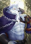 abs anthro clothing facial_hair fur grey_body grey_fur male multicolored_body multicolored_fur muscular muscular_anthro muscular_male pecs solo ixkouu sdorica law_(sdorica) canid canine canis mammal wolf 2020 hi_res