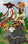 anthro aztec aztec_clothing bandolier clothed clothing female folk_clothes fur group gun handgun hat hay headgear headwear male mexican mexican_flag mexico orange_body orange_fur ranged_weapon traditional_dress weapon white_body white_skin foxchen chen_(foxchen) fem_(foxchen) canid canine fox human mammal monster