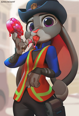 anthro blurred_background clothed clothing female food fully_clothed hat headgear headwear holding_food holding_object looking_at_viewer pawpsicle pink_nose police police_officer police_uniform popsicle popsicle_melting purple_eyes scut_tail short_tail solo standing tail text three-quarter_view tongue tongue_out uniform syrrvya disney zootopia judy_hopps european_rabbit lagomorph leporid mammal oryctolagus rabbit 2025 artist_name dated hi_res