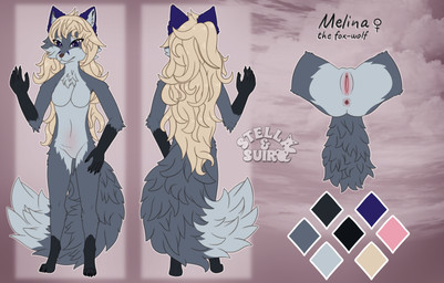 4_toes 5_fingers anthro anus arm_tuft black_body black_fur blonde_hair blue_body blue_eyes blue_fur breasts chest_tuft claws elbow_tuft feet female female_anthro finger_claws fingers fluffy fluffy_tail front_view fur genitals grey_body grey_fur hair humanoid_genitalia humanoid_vulva inner_ear_fluff looking_at_viewer nude nude_female paws rear_view simple_background solo tail text toe_claws toes tuft vulva white_body white_fur stellaamoris canid canine canis fox hybrid mammal wolf absurd_res character_name digital_drawing_(artwork) digital_media_(artwork) hi_res model_sheet