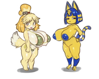 :3 animal_ears areola areola_slip bangs big_areola big_breasts big_nipples bikini blonde_hair blue_areola blue_ears blue_hair blue_nipples blush blush_stickers breasts brown_eyes cat_tail clothed clothing duo eyelashes female fluffy fluffy_tail fur green_bikini green_clothing green_swimwear hair hair_bun huge_breasts long_eyelashes markings nipples nude open_mouth partially_clothed paws pupils short_hair side-tie_bikini simple_background snout standing string_bikini striped_markings striped_tail stripes swimwear tail tail_markings triangle_nose two-piece_swimsuit white_background white_pupils yellow_body yellow_fur yellow_inner_ear ebora animal_crossing nintendo ankha_(animal_crossing) isabelle_(animal_crossing) canid canine felid feline mammal 2026 absurd_res hi_res