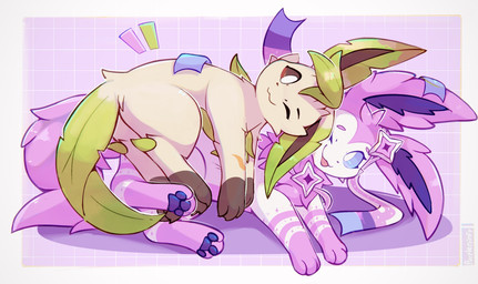 :3 ambiguous_gender big_tail black_nose blep brown_body brown_eyes brown_paws cheek_tuft countershade_torso countershading cuddling duo eyelashes face_squish facial_tuft feral fluffy fluffy_ears fluffy_mane fluffy_tail fur green_body green_ears green_tail happy inner_ear_fluff leg_markings long_ears lying lying_on_another mane markings mouth_closed multicolored_body multicolored_fur on_side one_eye_closed pawpads pupils purple_body purple_ears purple_eyes purple_fur purple_inner_ear_fluff purple_mane purple_pawpads purple_paws purple_sclera purple_tail quadruped ribbons_(anatomy) simple_background smile sparkles squish star_(marking) striped_body striped_legs stripes tail tongue tongue_out tuft two_tone_body two_tone_fur white_body white_fur white_pupils yellow_body yellow_fur purpleninfy nintendo pokemon fan_character phaelin_(phaelin) eeveelution generation_4_pokemon generation_6_pokemon leafeon pokemon_(species) sylveon 2026 digital_media_(artwork) hi_res signature