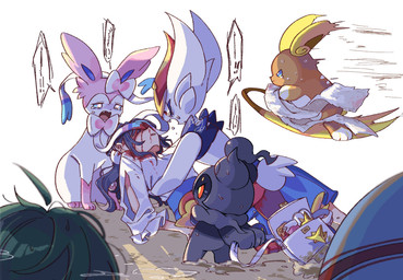 ambiguous_gender anthro bag blood blood_from_wound blue_eyes bodily_fluids bow_tie brown_body cheek_tuft clothing crying dark_body dark_hair desperation dirt duo facial_tuft female feral first_aid_kit floating frown fur green_hair hair head_injury holding_another holding_bag imminent_death light long_hair looking_at_another lying lying_on_ground male medical_instrument motion_lines multicolored_body multicolored_fur near_death nervous nervous_sweat on_back on_ground open_mouth orange_eyes panicking pink_body pink_fur potion_(pokemon) ribbons_(anatomy) scientific_instrument scut_tail shirt short_tail simple_background speech_bubble sweat tail tears tears_of_desperation tears_of_sadness topwear towel tuft two_tone_body two_tone_fur unconscious white_background white_body white_fur wounded pariparihosiimo nintendo pokemon pokemon_trainer alolan_form alolan_raichu cinderace eeveelution generation_6_pokemon generation_7_pokemon generation_8_pokemon human humanoid legendary_pokemon mammal marshadow pokemon_(species) regional_form_(pokemon) sylveon hi_res lighting shaded