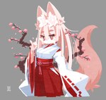 anthro asian_clothing branch cherry_blossom cherry_blossom_tree cherry_tree clothed clothing devil_horns_(gesture) east_asian_clothing female flower fluffy fluffy_tail fox_shadow_puppet fruit_tree fur gesture grey_background hand_gesture inner_ear_fluff japanese_clothing kitsune_sign_(gesture) large_sleeves looking_at_viewer miko_outfit petals pink_body pink_fur plant prunus_(flower) red_eyes shrine_maiden simple_background solo tail tree tuft ayashii_sprites asian_mythology east_asian_mythology japanese_mythology mythology canid canine fox mammal signature