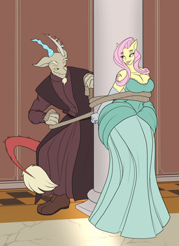 anthro anthrofied armwear bdsm blue_eyes bondage bound breasts cleavage clothed clothing column dress duo elbow_gloves female gloves handwear male punk_hair restraints rope rope_bondage wide_hips toughset friendship_is_magic hasbro my_little_pony discord_(mlp) fluttershy_(mlp) chimera draconequus earth_pony equid equine horse mammal pony absurd_res hi_res