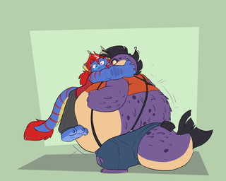 3_toes 4_fingers air_inflation angry anthro barefoot belly belly_expansion belly_inflation big_arms big_belly black_hair bloated blue_body body_inflation body_size_growth body_spikes bottomwear cartoon_physics cheek_bulge claws clothed clothes_shrinking clothing confusion dominant dominant_anthro dominant_male duo expansion facial_hair facial_markings feet fin fingers forced forced_inflation forearms frown goatee grey_hair growing growth growth_lines grumpy hair head_markings hoodie horn huge_belly hyper hyper_belly hyper_inflation ill-fitting_clothing inflated_limbs inflated_tail inflation inhale larger_dom larger_male lifted lifted_up long_hair long_torso male male/male markings mohawk multicolored_body muscular muscular_male mutton_chops overweight overweight_male pants pear-shaped_figure piercing pink_eyes pointy_ears puffkiss purple_body rear_view red_hair scowl self_inflation shocked short_legs simple_background size_difference size_play size_transformation sleeveless_hoodie smaller_male spherical_inflation spikes stretched_clothing stripes surprised suspenders tail tail_fin tail_tuft tan_body thick_arms thick_forearms thick_tail toes toony topwear torn_clothing transformation tuft wide_hips yellow_body knaveofclubs mythology rakeesh slug_(knaveofclubs) aquatic dragon fish kobold mythological_creature mythological_scalie porcupinefish pufferfish scalie tetraodontiform 2026 5:4 colored colored_line_art digital_media_(artwork) hi_res