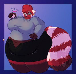 4_claws 4_fingers anthro belly beverage big_belly big_breasts biped black_bottomwear black_clothing black_eyeshadow black_eyewear black_glasses black_lipstick black_nose black_skirt blue_background blue_border border bottomwear breasts brown_body brown_countershading brown_markings button_(fastener) button_pop cheek_tuft claws clothed clothed_anthro clothed_female clothing cocktail_glass container countershade_face countershade_fur countershade_hands countershade_torso countershading cup curly_hair drinking_glass ear_piercing ear_ring eyebrows eyeshadow eyewear facial_markings facial_tuft female female_anthro finger_claws fingers fluffy fluffy_tail front_view fur fur_tuft glass glass_container glass_cup glasses gloves_(marking) gold_piercing grey_clothing grey_sweater grey_topwear hair head_markings holding_beverage holding_object leg_markings lipstick makeup markings navel obese obese_anthro obese_female overweight overweight_anthro overweight_female piercing rectangular_glasses red_body red_fur red_hair red_stripes red_tail red_tuft ring_piercing simple_background skirt sneer socks_(marking) solo standing stripes sweater tail tear_(marking) teeth thick_thighs three-quarter_view topwear tuft wardrobe_malfunction white_body white_countershading white_ears white_eyebrows white_markings white_stripes white_tuft strawberrymilkdog cherry_jubilee_(strawberrymilkdog) ailurid mammal red_panda 2023 colored hi_res portrait shaded three-quarter_portrait watermark