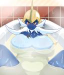 anthro anthrofied areola bath bathing bathroom bathtub bent_legs big_breasts blue_body blush breasts claws female hand_on_breast holding_breast horn huge_breasts inside knees_out_of_water legs_out_of_water looking_at_viewer lying navel nipples nude on_back pokemorph red_eyes slightly_chubby solo spread_legs spreading thick_thighs water wet wide_hips gearfactory nintendo pokemon generation_5_pokemon mammal mustelid pokemon_(species) samurott 2016 digital_media_(artwork)