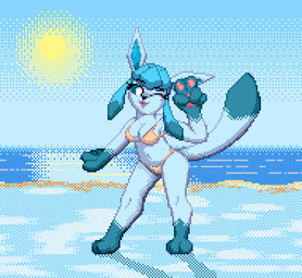 anthro anthrofied beach bikini blue_body blue_fur breasts clothed clothing female fur hair looking_at_viewer open_mouth outside pokemorph sand sea sky smile solo standing swimwear tail two-piece_swimsuit water zeka10000 nintendo pokemon eeveelution generation_4_pokemon glaceon pokemon_(species) digital_media_(artwork) pixel_(artwork)