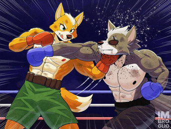 anthro boxer_briefs boxer_briefs_only boxers_(clothing) boxing clothed clothing duo fight fighting_ring fur grey_body grey_fur male male/male muscular muscular_anthro muscular_male orange_body orange_fur punching_bag sport topless underwear underwear_only imbroglio_24 nintendo star_fox fox_mccloud wolf_o'donnell canid canine canis fox mammal wolf 4:3