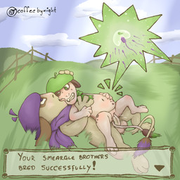 anthro bodily_fluids brother_penetrating_brother clothed clothing duo ejaculation face_lick female_to_male genital_fluids grass holding_belly impregnation impregnation_view inbreeding incest_impregnation licking male male/male narrowed_eyes outside partially_clothed penetration penile penile_penetration penis_in_vagina plant pokemon_daycare side_view spots tail text text_box tongue vaginal vaginal_fluids vaginal_penetration vaginal_squirting coffee_(artist) coffeebynight nintendo pokemon generation_2_pokemon pokemon_(species) smeargle 1:1 absurd_res hi_res incest_(lore) trans_(lore)