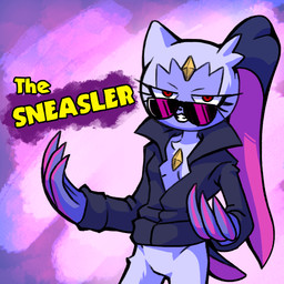 abstract_background anthro biped bottomless breasts claws clothed clothing eyewear featureless_crotch female fur half-closed_eyes humor jacket leather leather_clothing leather_jacket leather_topwear long_claws looking_at_viewer narrowed_eyes purple_body purple_fur red_eyes solo standing sunglasses text topwear plagueofgripes nintendo pokemon pokemon_legends_arceus generation_8_pokemon pokemon_(species) sneasler 1:1 2022 english_text