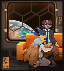 beard black_border border bottomwear bottomwear_down clothed clothing coach coat duo eyewear facial_hair feet fellatio female furniture genitals hair hooves horn inside lab_coat looking_at_another looking_pleasured male medical oral oral_penetration pants pants_down partially_clothed penetration penile penis purple_hair sex sitting sofa space spacecraft suit sunglasses topwear vehicle window gatogenerico space_station_13 arthropod insect lepidopteran moth satyr 2023 hi_res