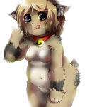 bell belly blush breasts brown_body brown_fur collar female fluffy fur genitals pussy simple_background slightly_chubby solo spots tongue tongue_out white_background miri 4:5 absurd_res hi_res