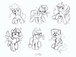 cutie_mark eyes_closed female feral group horn looking_at_viewer one_eye_closed open_mouth simple_background smile wings wink selenophile friendship_is_magic hasbro my_little_pony mythology applejack_(mlp) fluttershy_(mlp) mane_six_(mlp) pinkie_pie_(mlp) rainbow_dash_(mlp) rarity_(mlp) twilight_sparkle_(mlp) earth_pony equid equine horse mammal mythological_creature mythological_equine pegasus pony unicorn winged_unicorn 4:3 absurd_res hi_res monochrome