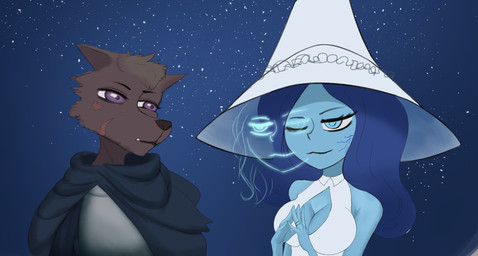 anthro armor blue_eyes breasts cape cleavage clothed clothing doll dress duo female hat headgear headwear magic_user male male/female parody scar witch sunstripe elden_ring fromsoftware the_coffin_of_andy_and_leyley blaidd_(elden_ring) ranni_the_witch canid canine canis humanoid mammal wolf hi_res meme