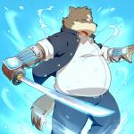 anthro armor black_nose blue_background blue_eyes bracers clothing fur glowing grey_body grey_fur jacket kemono male melee_weapon ninjato obese obese_anthro obese_male overweight overweight_anthro overweight_male simple_background solo splash sword topwear weapon white_body white_fur penta002 lifewonders tokyo_afterschool_summoners moritaka_(tas) canid canine canis domestic_dog mammal 1:1