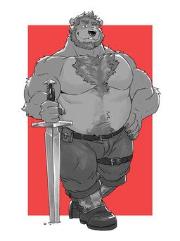 anthro arm_tuft barazoku beard belly_hair biceps body_hair boots border bulge chest_hair clothing deltoids elbow_tuft facial_hair facial_piercing footwear forearm_muscles grin grinning_at_viewer holding_melee_weapon holding_object holding_sword holding_weapon looking_at_viewer male manly mature_male melee_weapon musclegut muscular navel nose_piercing nose_ring pecs piercing pubes red_background ring_piercing shoes shoulder_tuft simple_background slightly_chubby smile smiling_at_viewer solo standing sword triceps tuft weapon white_border gamubear bear mammal 2024 absurd_res greyscale hi_res monochrome