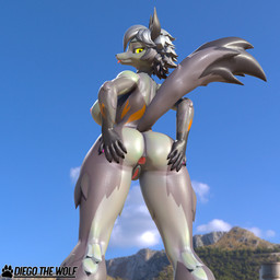 anthro anus beach big_breasts big_butt breasts butt female fur genitals grey_body hair hand_on_butt long_ears long_tail looking_at_viewer looking_back nipples open_anus orange_body orange_fur pink_anus pink_nipples rear_view short_hair solo tail thick_thighs tongue tongue_out vulva yellow_eyes diegothewolf seriuswolf_(modeler) epic_games fortnite wolfie_(fortnite) canid canine canis mammal wolf absurd_res blender_(artwork) blender_eevee_(artwork) digital_media_(artwork) hi_res