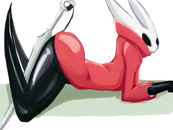 2_horns black_body black_butt black_eyes butt clothing female horn looking_at_viewer lying melee_weapon on_front red_clothing side_view solo thread weapon white_head eskizznik hollow_knight_(franchise) team_cherry hornet_(hollow_knight) arthropod 2025 4:3 absurd_res hi_res