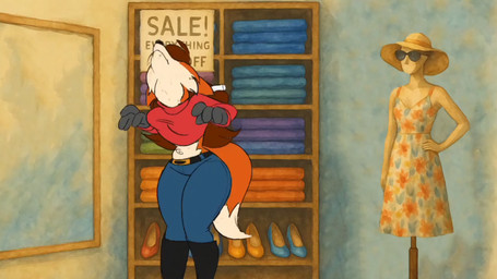 anthro belly belt big_belly black_clothing black_nose blue_bottomwear blue_clothing blue_pants boots bottomwear breasts brown_hair clothed clothing clothing_store denim denim_bottomwear denim_clothing detailed_background dipstick_tail dress eyewear female footwear fur hair hat headgear headwear high_heels inside jeans markings midriff mirror navel orange_body orange_fur pants red_clothing red_topwear shirt shoes shopping solo standing store sun_hat sunglasses sweater tail tail_markings text topwear vore noid ragtime_rochelle sandra_pedrosa canid canine fox mammal true_fox 16:9 2d_animation animated animated_webp digital_media_(artwork) english_text frame_by_frame widescreen