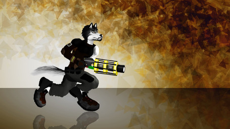 abstract_background anthro black_body black_fur clothed clothing energy_weapon fur holding_object holding_ranged_weapon holding_weapon male military multicolored_body multicolored_fur ranged_weapon reflection running simple_background solo textured_background weapon luwfo jef_klarxman canid canine canis domestic_dog husky mammal nordic_sled_dog spitz 16:9 digital_media_(artwork) widescreen