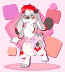 ambiguous_gender anthro clean_diaper clothed clothing diaper diaper_only fur grey_body grey_fur horn pink_background red_body red_eyes red_fur simple_background solo standing sucking thumb_suck toddler topless wearing_diaper wetness_indicator white_body white_fur young young_anthro bubblepuppers lagomorph leporid mammal rabbit 2024 hi_res