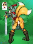 anthro anus armor backsack balls bent_over bodily_fluids clothed clothing flaccid foreskin genitals humanoid_genitalia humanoid_penis male melee_weapon no_underwear outside penis perineum raised_tail solo speech_bubble sweat sword tail text unretracted_foreskin weapon vaalgarth sega sonic_the_hedgehog_(series) miles_prower canid canine fox mammal 3:4 hi_res